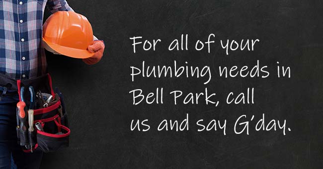 A plumber standing with text on the background relating to Bell Park plumbing services