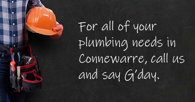 A plumber standing with text on the background relating to Connewarre plumbing services