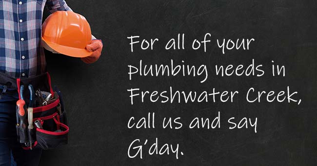 A plumber standing with text on the background relating to Freshwater Creek plumbing services