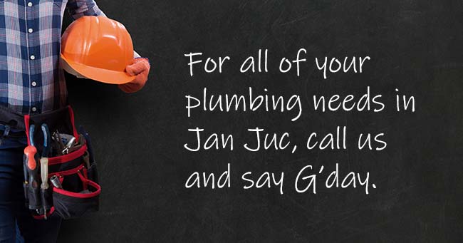 A plumber standing with text on the background relating to Jan Juc plumbing services