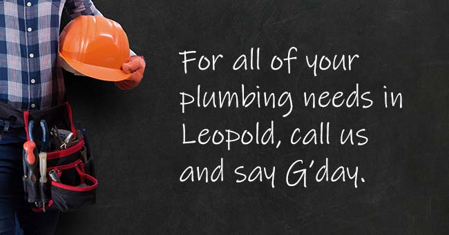 A plumber standing with text on the background relating to Leopold plumbing services