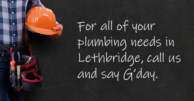 A plumber standing with text on the background relating to Lethbridge plumbing services