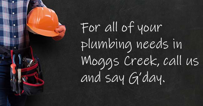 A plumber standing with text on the background relating to Moggs Creek plumbing services