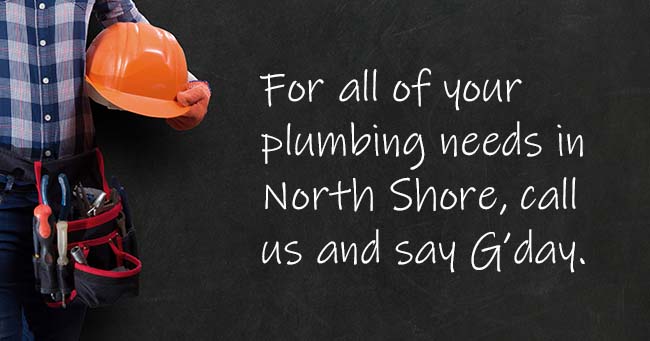 A plumber standing with text on the background relating to North Shore plumbing services
