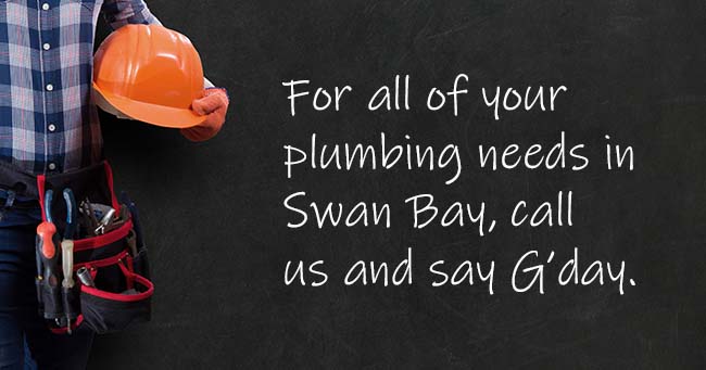 A plumber standing with text on the background relating to Swan Bay plumbing services
