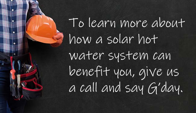 Plumber with text on the background regarding solar hot water systems